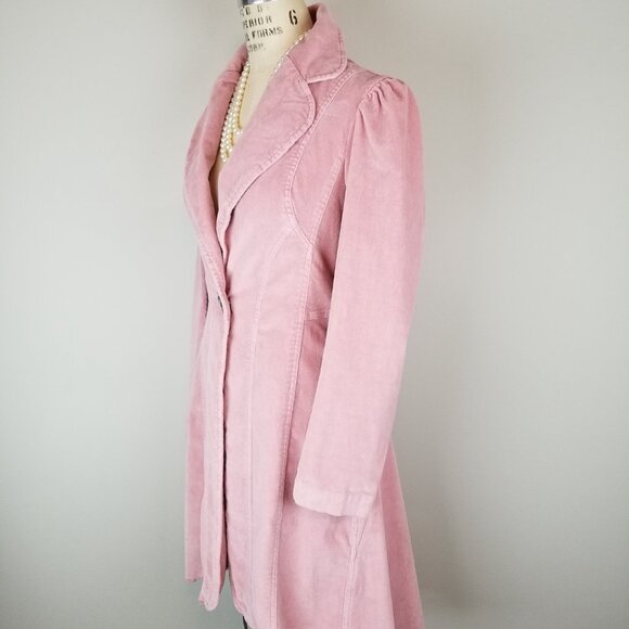 Vintage 1990's Bisou Bisou Pink Velvet Fitted Collared Puff Sleeve Long Coat * M - Picture 8 of 13